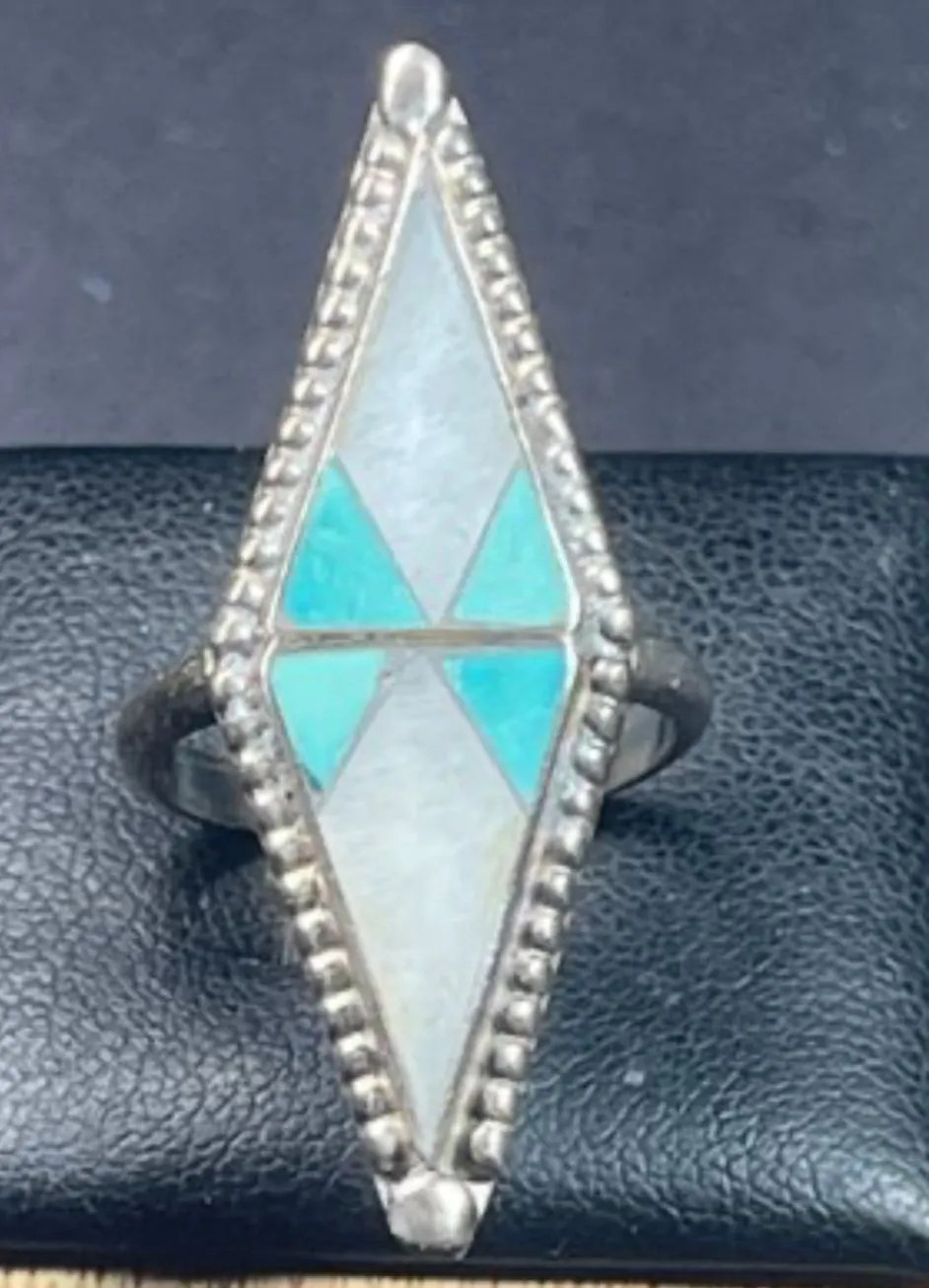 Vintage Southwestern Sterling Silver Mother Of Pearl Turquoise Ring