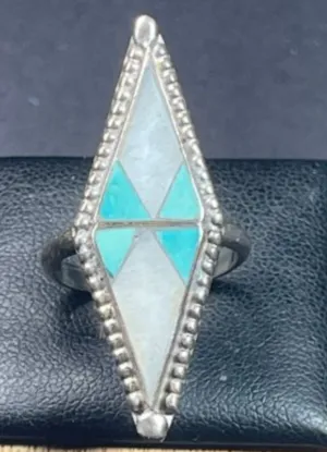 Vintage Southwestern Sterling Silver Mother Of Pearl Turquoise Ring