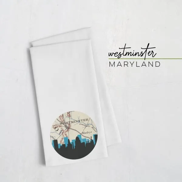 Westminster, Maryland city skyline with vintage Westminster map