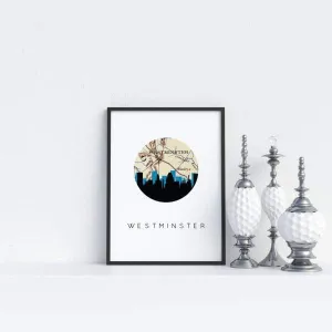 Westminster, Maryland city skyline with vintage Westminster map