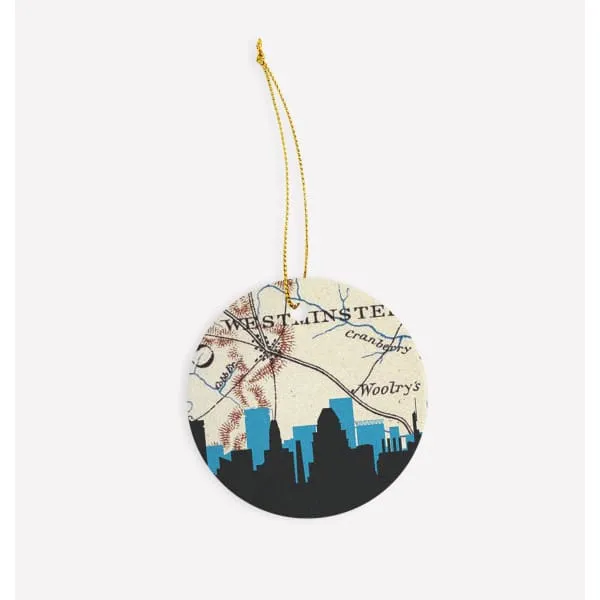 Westminster, Maryland city skyline with vintage Westminster map
