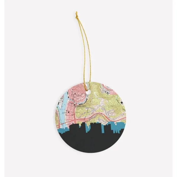 Wheeling, West Virginia city skyline with vintage Wheeling map