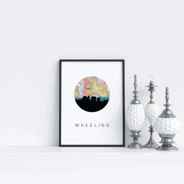 Wheeling, West Virginia city skyline with vintage Wheeling map