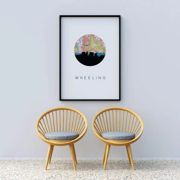 Wheeling, West Virginia city skyline with vintage Wheeling map