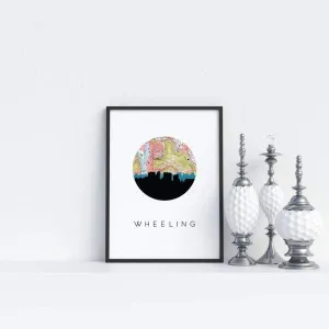 Wheeling, West Virginia city skyline with vintage Wheeling map