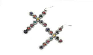 Wild Flower Multi-Color & Flower Accent Cross Earrings