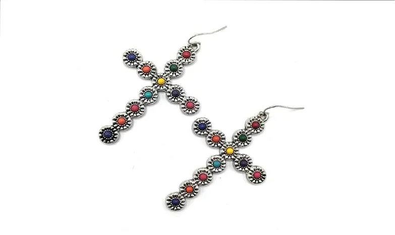 Wild Flower Multi-Color & Flower Accent Cross Earrings