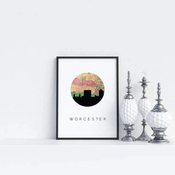 Worcester, Massachusetts city skyline with vintage Worcester map