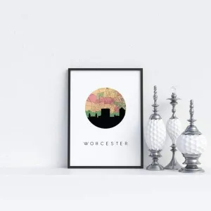 Worcester, Massachusetts city skyline with vintage Worcester map