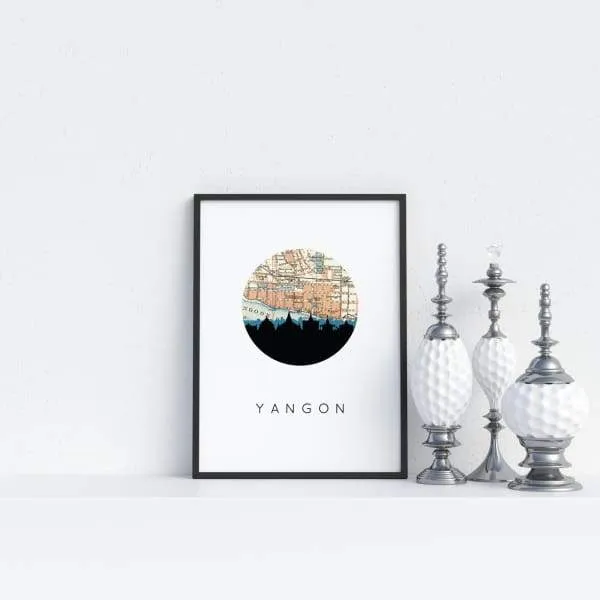 Yangon, Myanmar city skyline with vintage Yangon map