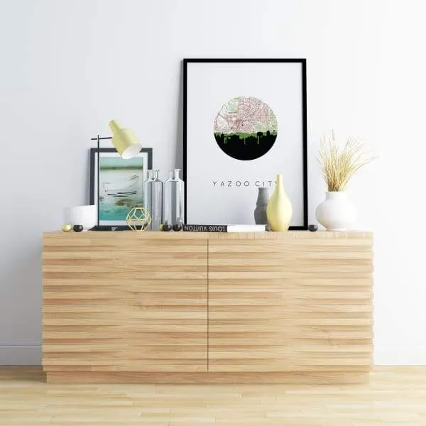 Yazoo City, Mississippi city skyline with vintage Yazoo City map
