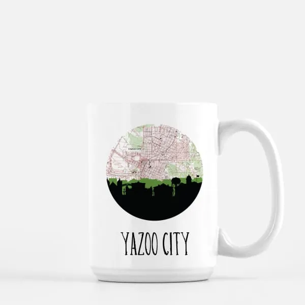 Yazoo City, Mississippi city skyline with vintage Yazoo City map