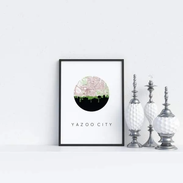 Yazoo City, Mississippi city skyline with vintage Yazoo City map