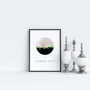 Yazoo City, Mississippi city skyline with vintage Yazoo City map