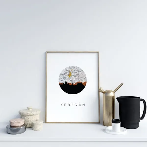 Yerevan, Armenia city skyline with vintage Yerevan map