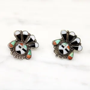 Zuni Inlay Sunface in Ceremonial Headdress Earrings