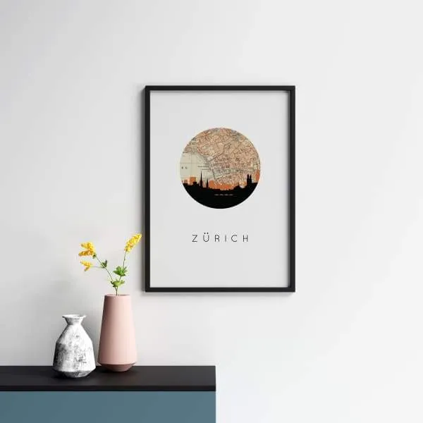 Zurich city skyline with vintage Zurich map