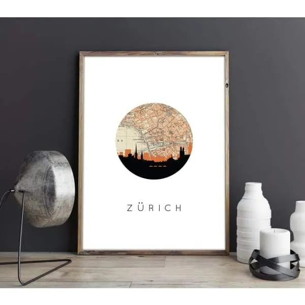 Zurich city skyline with vintage Zurich map