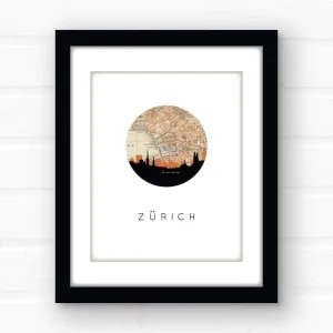 Zurich city skyline with vintage Zurich map